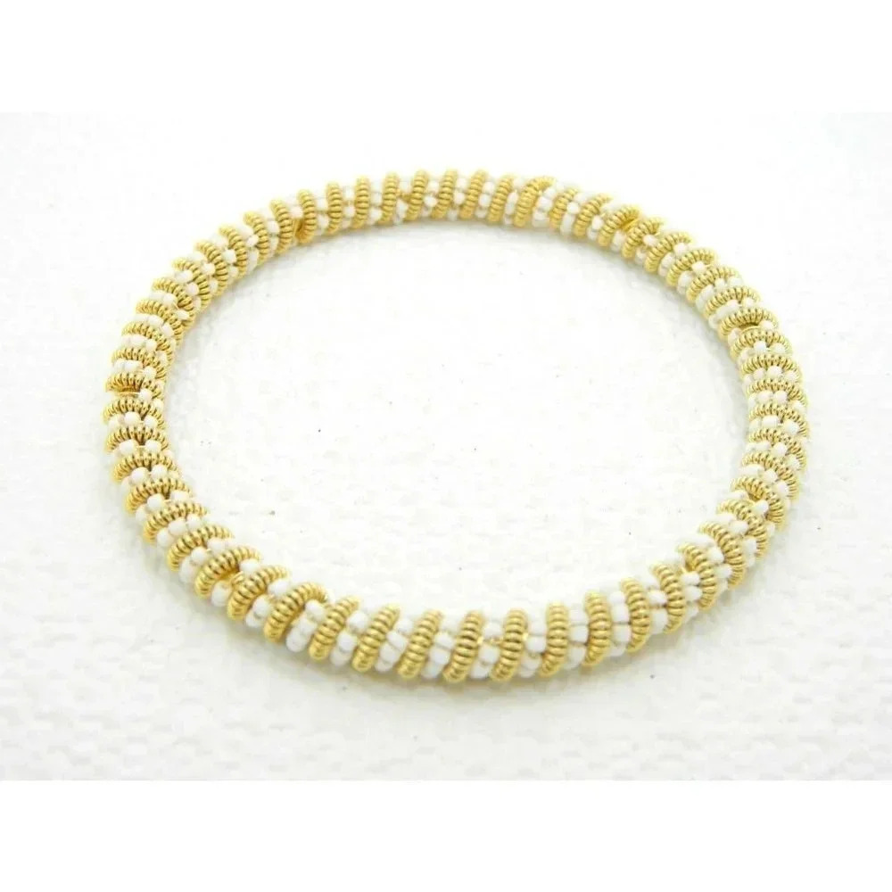 Gold Tone White Glass Bead Twist Bangle Bracelet